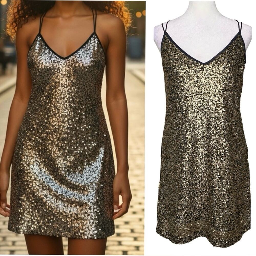 Abercrombie Gold Sequin Mini Slip Dress S Black Trim Party HOCO NYE Holiday